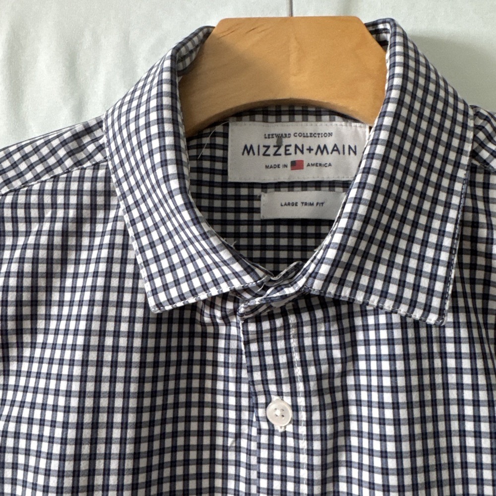 Mizzen Main Leeward Shirt Men Large Blue Plaid LS Trim Fit Stretch Made USA